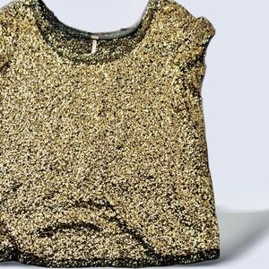 Free People XS Gold Sequin Lace Trim Cap Sleeve Top Blouse Party Sparkle